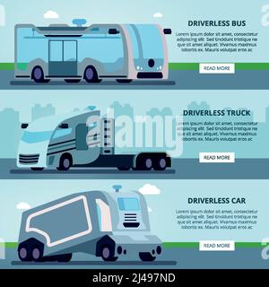 Autonomous driverless vehicles navigation systems 3 flat horizontal website banners with bus truck and car vector illustration Stock Vector