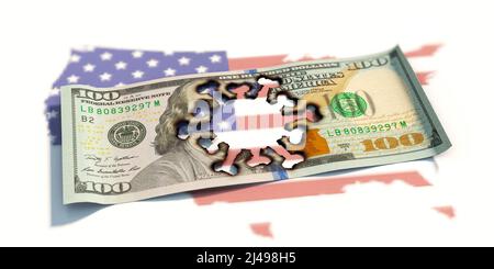 Coronavirus burns hole in 100 US dollar bill Stock Photo