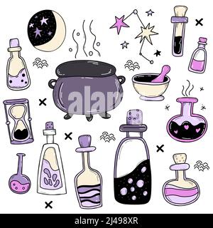 Set of magic, witchcraft and occult items for witches. Amulets ritual objects, love potion and love spell and magic jars, witchs cauldron and moon wit Stock Vector