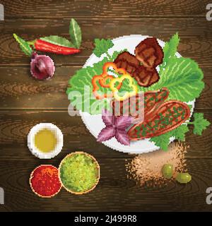 Bbq grilled steaks served with various herbs condiments and sauce on wooden table realistic vector illustration Stock Vector