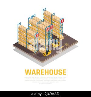 Warehouse isometric composition of racks with boxes and workers loading cargo by forklift vector illustration Stock Vector
