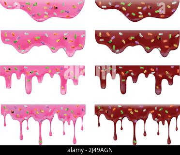 Dripping doughnut glaze realistic collection with isolated images of purple and red jam streaks on blank background vector illustration Stock Vector