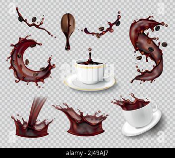 Coffee splashes realistic set of isolated liquid spray coffee bean and ceramic cups on transparent background vector illustration Stock Vector
