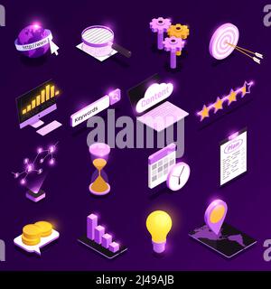 Web traffic isometric icons set with content optimization symbols isolated vector illustration Stock Vector
