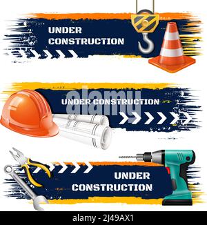 Under construction grunge banners with road barrier protective helmet hook of elevating crane realistic icons vector illustration Stock Vector