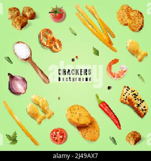 Crackers and snacks with different forms and flavoring additives on green background realistic vector illustration Stock Vector