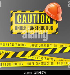 Under construction realistic poster with orange helmet caution placard and fencing tape with yellow and black stripes vector illustration Stock Vector