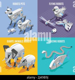 Animals robots concept 4 colorful background isometric icons square with automated pets insects fish snake vector illustration Stock Vector