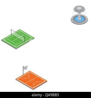 City park infrastructure isometric set of elements of greenery kid playground and sport courts isolated vector illustration Stock Vector