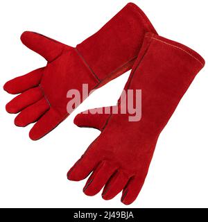 Red Leather Welding Heat Reasistant Gloves over White Stock Photo