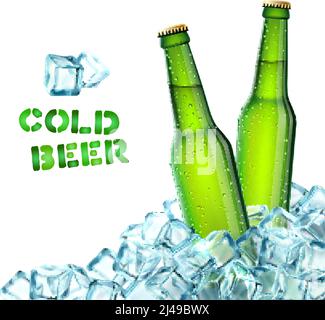 Realistic green beer bottles in ice cubes decorative icons vector illustration Stock Vector