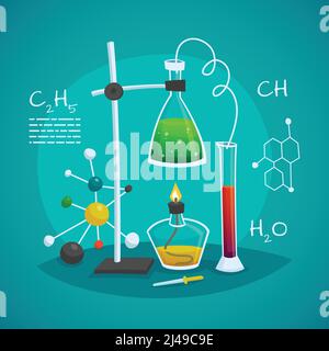 Chemical laboratory workspace design concept with burner flask  and glass tube vector illustration Stock Vector