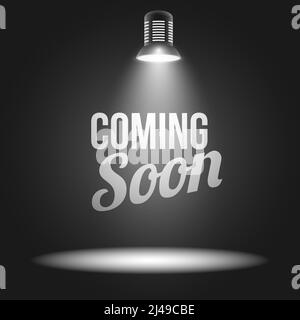 Coming soon message illuminated with light projector blank stage realistic vector illustration Stock Vector