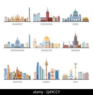 World famous capitals historical and modern landscapes and landmarks flat pictograms collection design abstract isolated vector illustration Stock Vector
