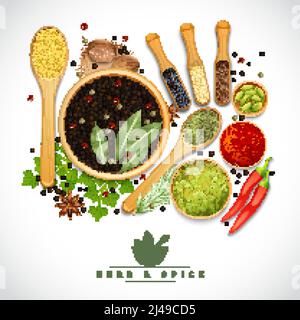 Poster of different cooking herbs and spices in wooden dish on white background realistic vector illustration Stock Vector