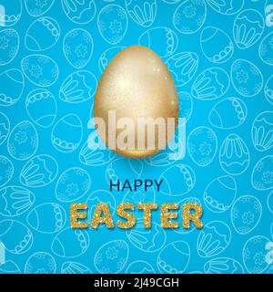 Golden egg with bright glitter on a blue background with a seamless pattern. Happy Easter poster. Vector illustration. Stock Vector