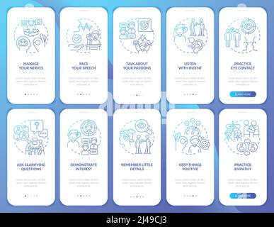 Developing charisma blue gradient onboarding mobile app screen set Stock Vector