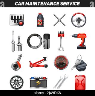 Car auto service garage center equipment for fixing and maintaining vehicles flat icons collection abstract isolated vector illustration Stock Vector