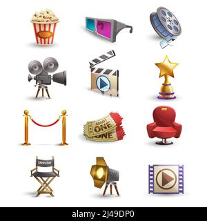 Cinema icons set with popcorn 3d glasses and film reel isolated vector illustration Stock Vector