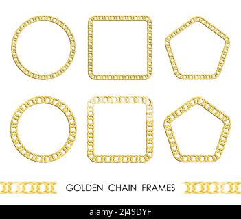 Set of golden round and square chain frames for decorative headers. Gold double weave chain frames isolated on white background. Vector Stock Vector