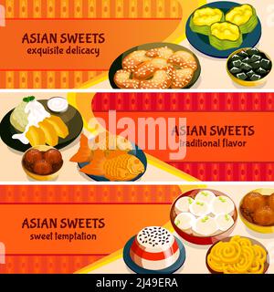 Asian sweets horizontal banners set with traditional flavor of exquisite delicacies isolated vector illustration Stock Vector