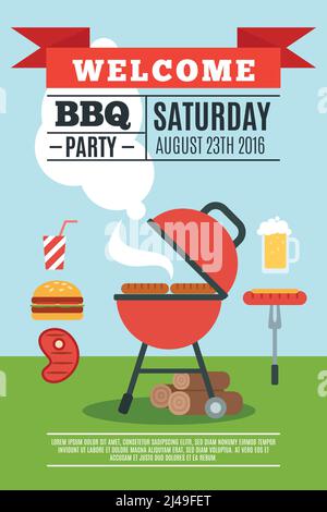 BBQ poster with grill and cooked food flat vector illustration Stock ...