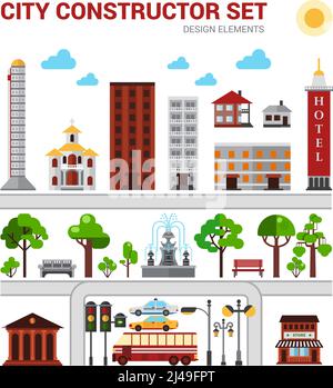 City constructor set with houses parks and urban infrastructure isolated vector illustration Stock Vector