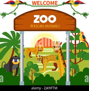 Zoo african animals with exotic birds at sunrise or sunset vector illustration Stock Vector