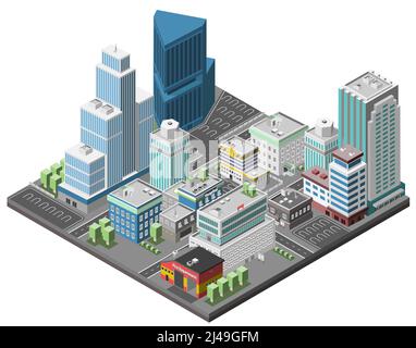 City downtown concept with isometric office skyscrapers and government buildings 3d vector illustration Stock Vector