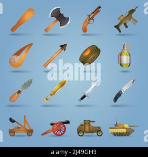 Weapon icons set with gun shotgun grenade tank stun isolated vector illustration Stock Vector