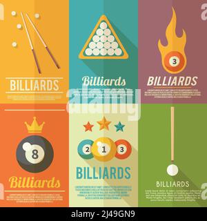 Billiards pool snooker accessories mini poster flat set isolated vector illustration Stock Vector