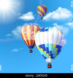 Realistic Colorful Hot Air Balloons Background Flying in the Blue Sky ...