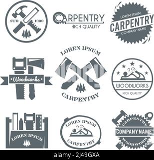 Carpentry black label set with work tools carpenter fix kit toolbox isolated vector illustration Stock Vector