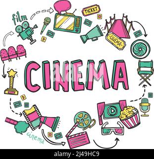 Cinema design concept with hand drawn movie art icons set vector illustration Stock Vector