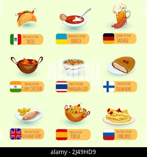 World food international cuisine dishes decorative icons set with sausage fish and chips chicken curry isolated vector illustration Stock Vector