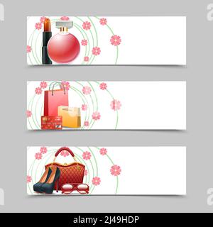 Women shopping horizontal banners set with realistic cosmetics fashion accessories elements isolated vector illustration Stock Vector