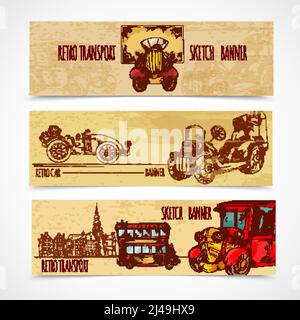 Vintage transport retro cars horizontal hand drawn banners set isolated vector illustration Stock Vector