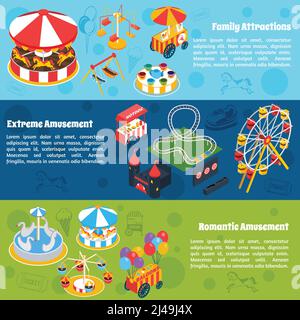 Amusement horizontal banners set with isometric romantic family and extreme attractions isolated vector illustration Stock Vector