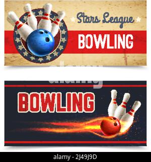 Bowling horizontal banner set with game pins and ball in fire isolated vector illustration Stock Vector