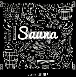 Sauna, spa and bath accessories. Sketch of items in doodle style. For design banners posters of relaxation and cleanliness. Drawn in chalk on a black Stock Vector