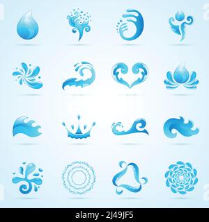 Blue water drops and splashes icons set isolated vector illustration Stock Vector