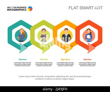 Four connected hexagons process chart template for presentation. Business data. Abstract elements of diagram, graphic. Company, management, teamwork o Stock Vector