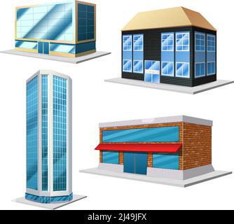 Building 3d decorative set with four different modern house isolated on the white background isolated vector illustration Stock Vector
