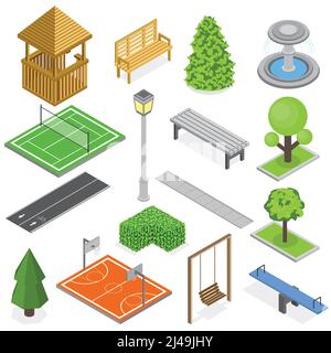 City park infrastructure isometric set of elements of greenery kid playground and sport courts isolated vector illustration Stock Vector