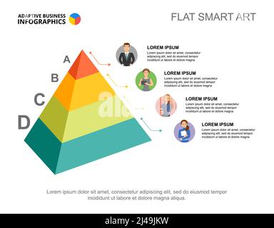 Four pyramid levels process chart template for presentation. Business data visualization. Idea, teamwork, research or marketing creative concept for i Stock Vector