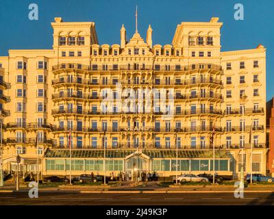 13 January 2022: Brighton, East Sussex, UK - The Grand Hotel, Brighton, sunlit on a clear winter afternoon. Stock Photo