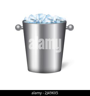 Colored isolated realistic champagne bucket ice composition metal bucket with round handles vector illustration Stock Vector