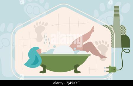 Carbon footprint concept with women relax in bathroom. Sources polluted the world. Global problem with big emissions co2. Vector green politics Stock Vector