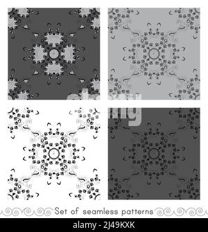 Set of seamless patterns. Original cat heads around a clock, with cat paws. Nine hours, nine lives. Vector illustration. Stock Vector