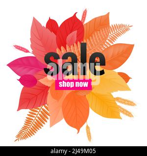 Sale shop now lettering on bright leaves. Creative inscription with autumn leaves and wheats. Illustration with lettering can be used for banner, post Stock Vector